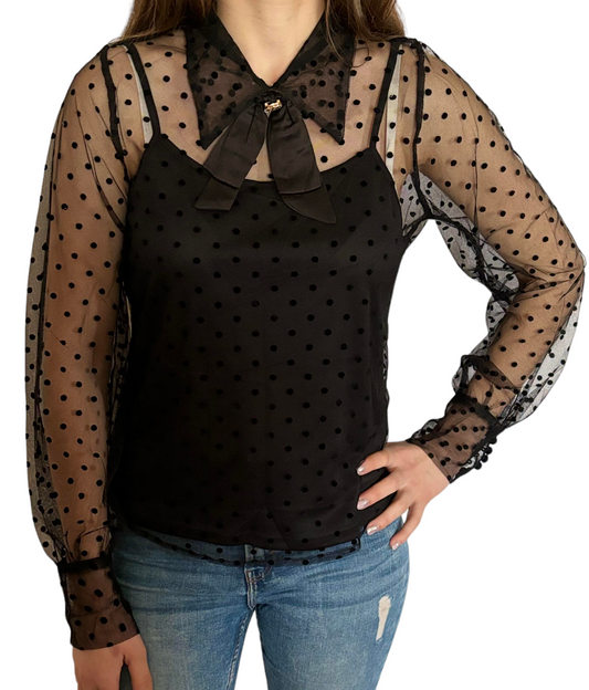 Blouse noir plumetis avec nœud au col