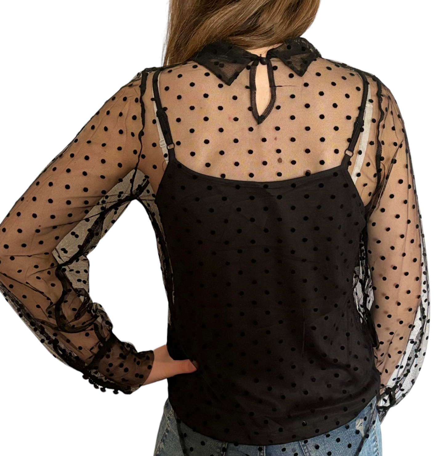 Blouse noir plumetis avec nœud au col